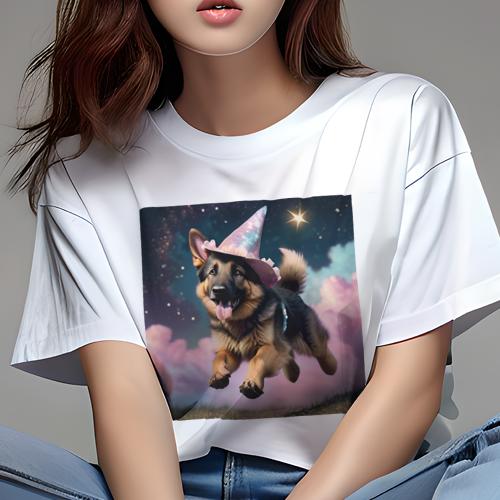 Tシャツ レディース 犬ファン 半袖 春夏 プリント カジュアル かわいい 人間用 フィットネス 魔法使いの帽子 ジャーマンシェパードドッ..