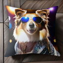 サングラス シェットランドシープドッグ ジャケット キラキラ クッションカバー 45×45cm アニマル柄 おしゃれ 可愛い クッション本体付き 正方形