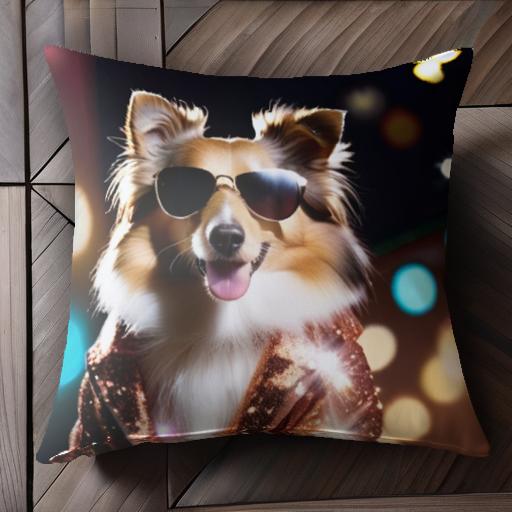 サングラス シェットランドシープドッグ ジャケット キラキラ クッションカバー 45×45cm アニマル柄 おしゃれ 可愛い クッション本体付き 正方形