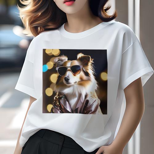 楽天フロントップ楽天市場店Tシャツ レディース 犬ファン 半袖 春夏 プリント カジュアル かわいい 人間用 フィットネス サングラス シェットランドシープドッグ ジャケット キラキラ