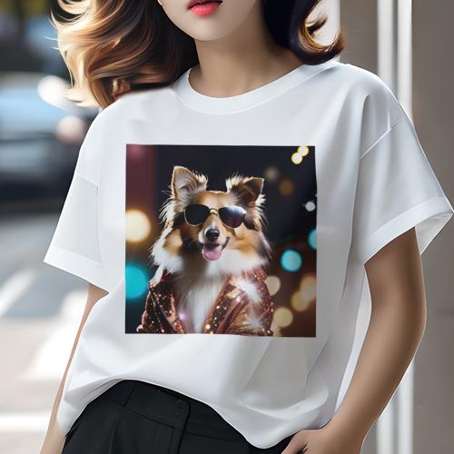 楽天フロントップ楽天市場店Tシャツ レディース 犬ファン 半袖 春夏 プリント カジュアル かわいい 人間用 フィットネス サングラス シェットランドシープドッグ ジャケット キラキラ
