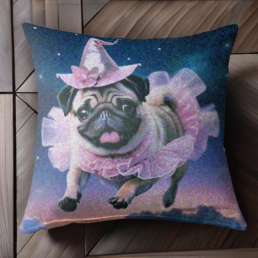 妖精 パグ チュチュ 帽子 星 クッションカバー 45×45cm アニマル柄 おしゃれ 可愛い クッション本体付..