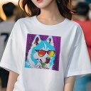 Tシャツ レディース 犬ファン 半袖 春夏 プリント カジュアル かわいい 人間用 フィットネス サングラス シベリアンハスキー ポップアート(4)
