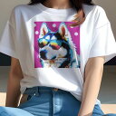 Tシャツ レディース 犬ファン 半袖 春夏 プリント カジュアル かわいい 人間用 フィットネス サングラス シベリアンハスキー ポップアート(4)