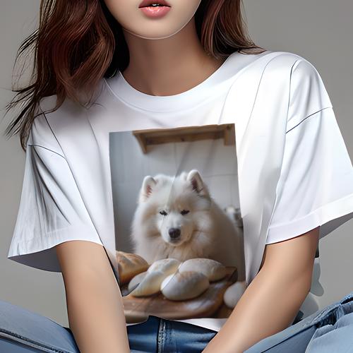 楽天フロントップ楽天市場店Tシャツ レディース 犬ファン 半袖 春夏 プリント カジュアル かわいい 人間用 フィットネス パン サモエド パン生地 木製まな板 キッチン