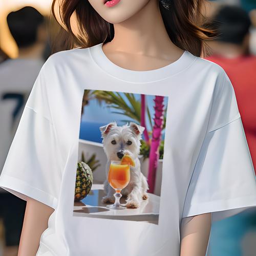 Tシャツ レディース 犬ファン 半袖 春夏 プリント カジュアル かわいい 人間用 フィットネス ジュース ウエストハイランドホワイトテリア パイナップル 海 リゾート