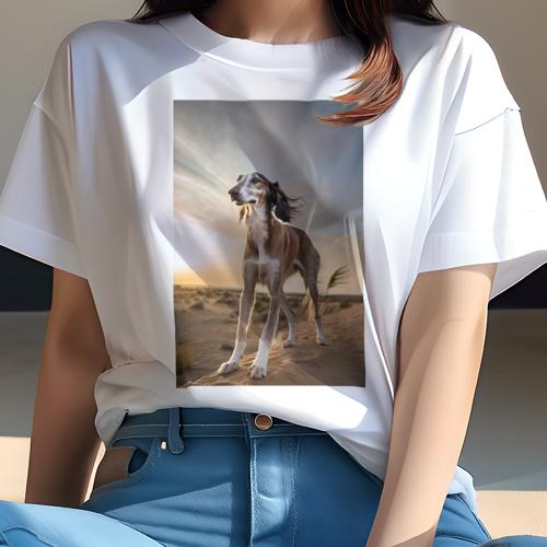 Tシャツ レディース 犬ファン 半袖 春夏 プリント カジュアル かわいい 人間用 フィットネス 砂漠 サルーキ 夕焼け 空