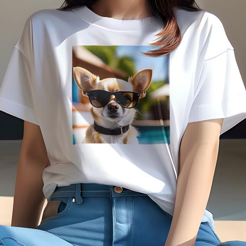 Tシャツ レディース 犬ファン 半袖 春夏 プリント カジュアル かわいい 人間用 フィットネス サングラス チワワ プール(4)