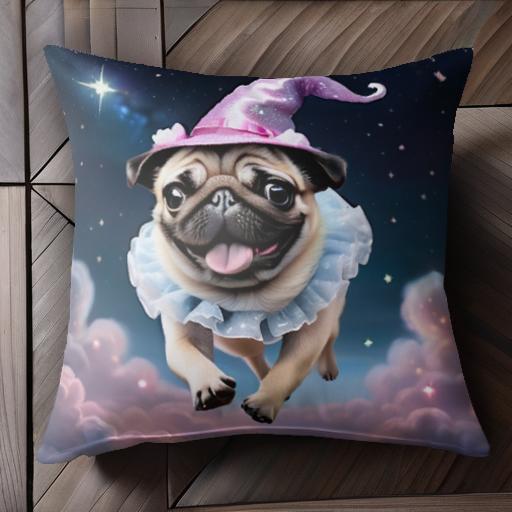 魔法使い パグ 帽子 星 雲 クッションカバー 45×45cm アニマル柄 おしゃれ 可愛い クッション本体付き ..