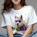 Tシャツ レディース 犬ファン 半袖 春夏 プリント カジュアル かわいい 人間用 フィットネス サングラス シベリアンハスキー スパンコール(4)