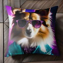 サングラス シェットランドシープドッグ ジャケット キラキラ クッションカバー 45×45cm アニマル柄 おしゃれ 可愛い クッション本体付き 正方形