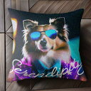 サングラス シェットランドシープドッグ ジャケット ネクタイ 星 クッションカバー 45×45cm アニマル柄 おしゃれ 可愛い クッション本体付き 正方形