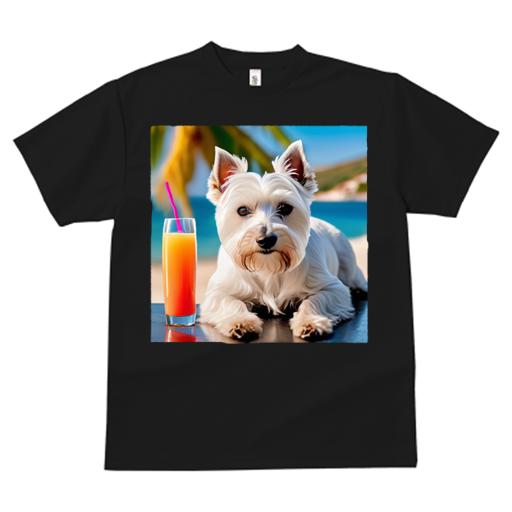 Tシャツ レディース 犬ファン 半袖 春夏 プリント カジュアル かわいい 人間用 フィットネス ジュース ウエストハイランドホワイトテリア 海 ビーチ ヤシの木