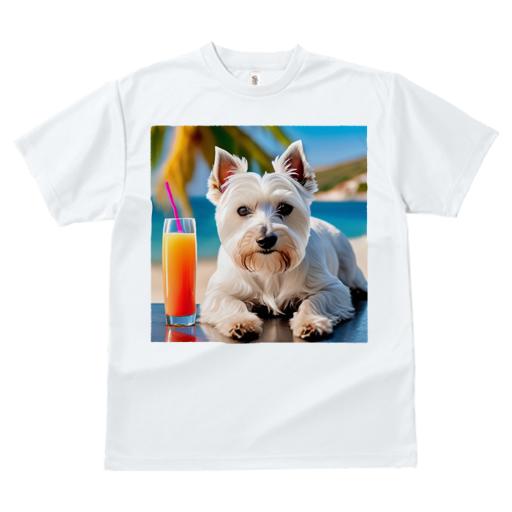 Tシャツ レディース 犬ファン 半袖 春夏 プリント カジュアル かわいい 人間用 フィットネス ジュース ウエストハイランドホワイトテリア 海 ビーチ ヤシの木