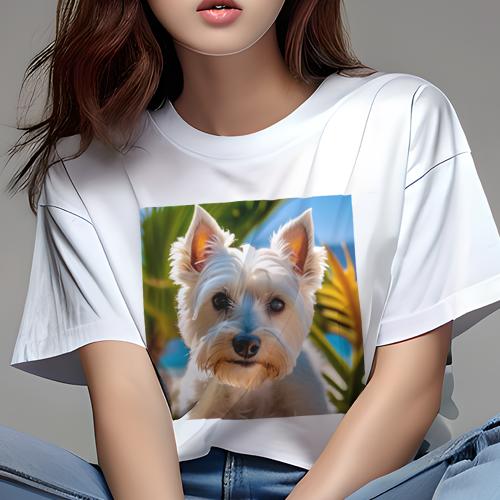 Tシャツ レディース 犬ファン 半袖 春夏 プリント カジュアル かわいい 人間用 フィットネス ヤシの木 ウエストハイランドホワイトテリア ビーチ