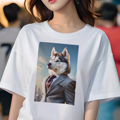 Tシャツ レディース 犬ファン 半袖 春夏 プリント カジュアル かわいい 人間用 フィットネス スーツ シベリアンハスキー ネクタイ ポケットチーフ