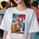 Tシャツ レディース 犬ファン 半袖 春夏 プリント カジュアル かわいい 人間用 フィットネス ジュース ブルドッグ 海 ビーチパラソル 夏