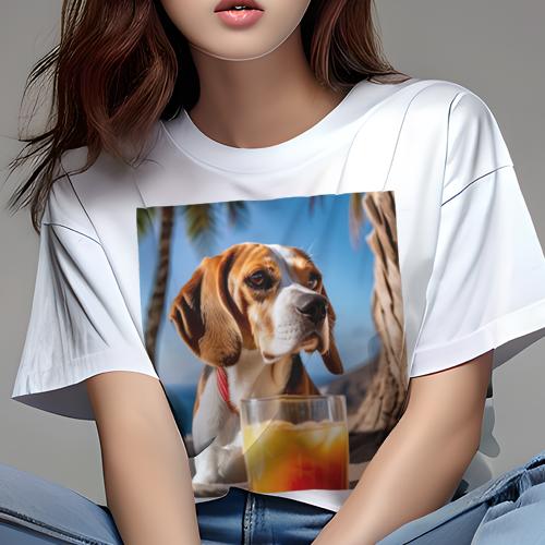Tシャツ レディース 犬ファン 半袖 春夏 プリント カジュアル かわいい 人間用 フィットネス 飲み物 ビーグル ジュース ビーチ ヤシの木