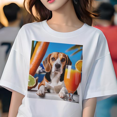 Tシャツ レディース 犬ファン 半袖 春夏 プリント カジュアル かわいい 人間用 フィットネス ジュース ビーグル オレンジ ライム 海