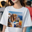 Tシャツ レディース 犬ファン 半袖 春夏 プリント カジュアル かわいい 人間用 フィットネス ジュース ビーグル ストロー テーブル 海(4)