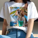 Tシャツ レディース 犬ファン 半袖 春夏 プリント カジュアル かわいい 人間用 フィットネス 海 ビーグル リゾート ヤシの木 飲み物(4)