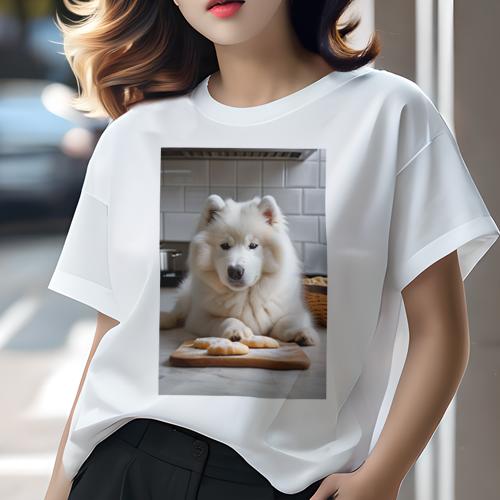 Tシャツ レディース 犬ファン 半袖 春夏 プリント カジュアル かわいい 人間用 フィットネス クッキー サモエド キッチン