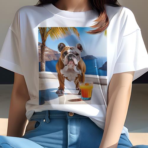 Tシャツ レディース 犬ファン 半袖 春夏 プリント カジュアル かわいい 人間用 フィットネス 海 ブルドッグ リゾート ドリンク カクテル