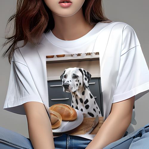 楽天フロントップ楽天市場店Tシャツ レディース 犬ファン 半袖 春夏 プリント カジュアル かわいい 人間用 フィットネス パン ダルメシアン ナイフ キッチン