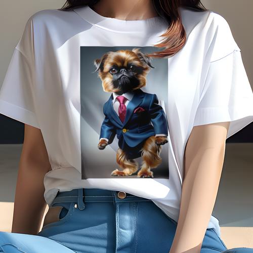 Tシャツ レディース 犬ファン 半袖 春夏 プリント カジュアル かわいい 人間用 フィットネス スーツ ブリュッセルグリフォン ネクタイ ポケットチーフ