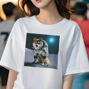 Tシャツ レディース 犬ファン 半袖 春夏 プリント カジュアル かわいい 人間用 フィットネス 宇宙 柴犬 月 宇宙服(4)