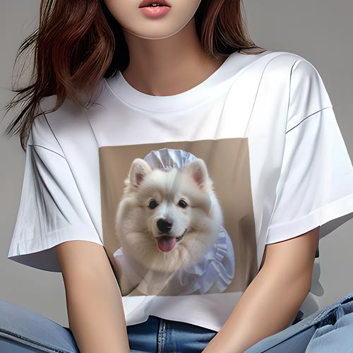 Tシャツ レディース 犬ファン 半袖 春夏 プリント カジュアル かわいい 人間用 フィットネス 白い帽子 サモエド フリル Tシャツ レディース 犬ファン 半袖 春夏 プリント カジュアル かわいい 人間用 フィットネス 白い帽子 サモエド フリル