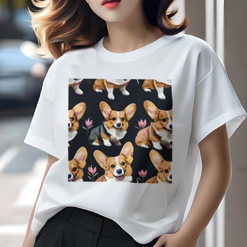 Tシャツ レディース 犬ファン 半袖 春夏 プリント カジュアル かわいい 人間用 フィットネス 花 コーギー(4)