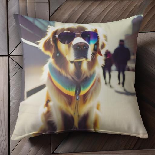 サングラス ゴールデンレトリバー 歩行者 建物 クッションカバー 45×45cm アニマル柄 おしゃれ 可愛い クッション本体付き 正方形