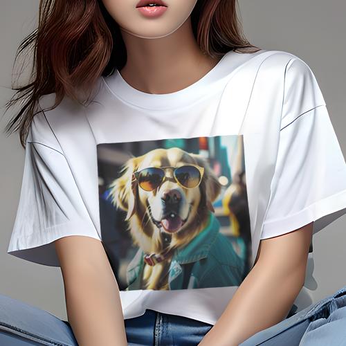 Tシャツ レディース 犬ファン 半袖 春夏 プリント カジュアル かわいい 人間用 フィットネス サングラス ゴールデンレトリバー ジャケット