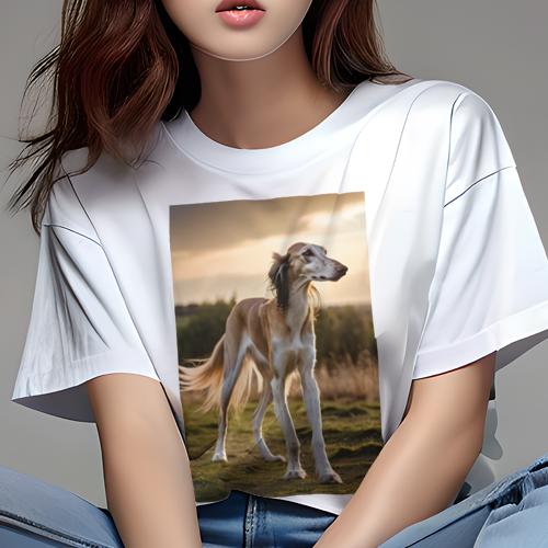 Tシャツ レディース 犬ファン 半袖 春夏 プリント カジュアル かわいい 人間用 フィットネス 夕焼け サルーキ 草原 Tシャツ レディース 犬ファン 半袖 春夏 プリント カジュアル かわいい 人間用 フィットネス 夕焼け サルーキ 草原