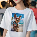 Tシャツ レディース 犬ファン 半袖 春夏 プリント カジュアル かわいい 人間用 フィットネス サングラス ヨークシャーテリア アロハシャツ 海 ビーチ(4)