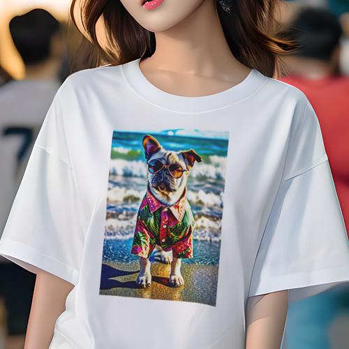 Tシャツ レディース 犬ファン 半袖 春夏 プリント カジュアル かわいい 人間用 フィットネス サングラス フレンチブルドッグ アロハシャツ 海 ビーチ