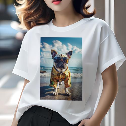 Tシャツ レディース 犬ファン 半袖 春夏 プリント カジュアル かわいい 人間用 フィットネス サングラス パグ アロハシャツ 海 ビーチ