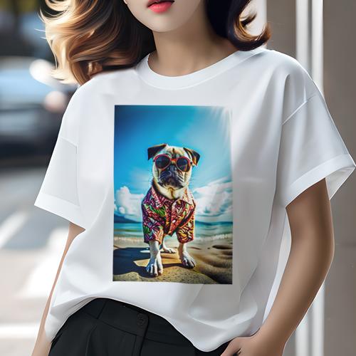 Tシャツ レディース 犬ファン 半袖 春夏 プリント カジュアル かわいい 人間用 フィットネス アロハシャツ パグ サングラス ビーチ 海