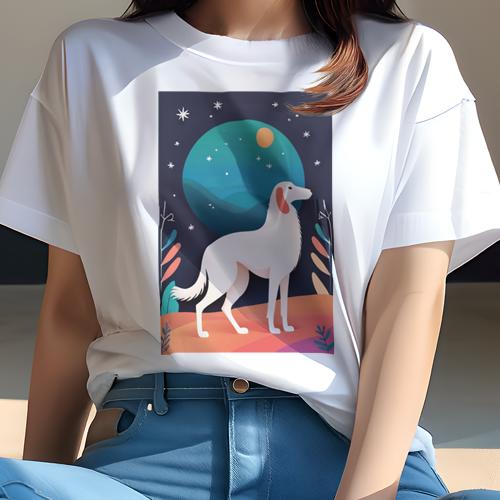 Tシャツ レディース 犬ファン 半袖 春夏 プリント カジュアル かわいい 人間用 フィットネス 月 ボルゾイ 星 夜 風景