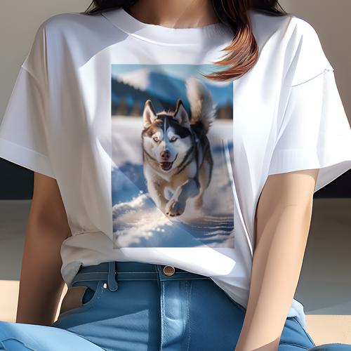 Tシャツ レディース 犬ファン 半袖 春夏 プリント カジュアル かわいい 人間用 フィットネス 雪 シベリアンハスキー 冬 山