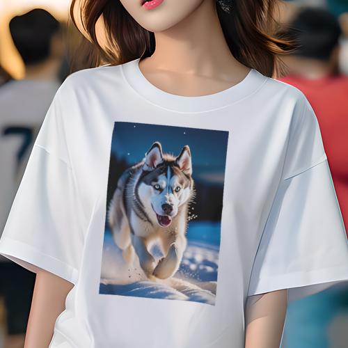 Tシャツ レディース 犬ファン 半袖 春夏 プリント カジュアル かわいい 人間用 フィットネス 雪 シベリアンハスキー 冬 雪景色
