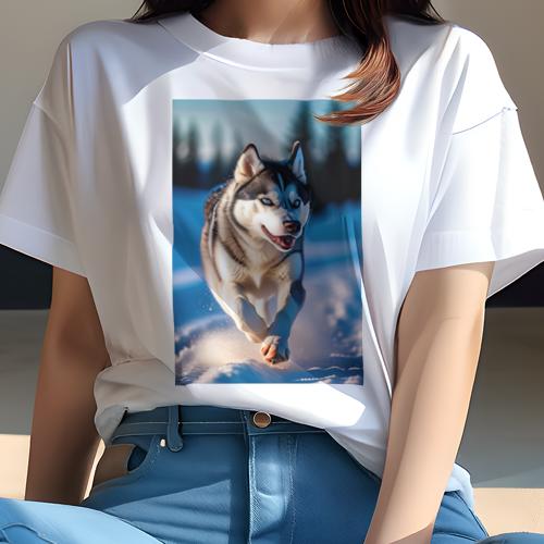 Tシャツ レディース 犬ファン 半袖 春夏 プリント カジュアル かわいい 人間用 フィットネス 雪 シベリアンハスキー 冬 アウトドア 自然