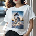 Tシャツ レディース 犬ファン 半袖 春夏 プリント カジュアル かわいい 人間用 フィットネス 雪 シベリアンハスキー 冬 森林 夕焼け(4)