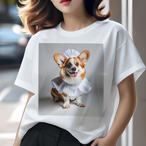 Tシャツ レディース 犬ファン 半袖 春夏 プリント カジュアル かわいい 人間用 フィットネス メイド服 コーギー 帽子(4)