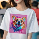 Tシャツ レディース 犬ファン 半袖 春夏 プリント カジュアル かわいい 人間用 フィットネス カラフル コーギー ペイント スプラッシュ(4)
