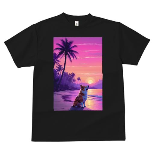 Tシャツ レディース 犬ファン 半袖 春夏 プリント カジュアル かわいい 人間用 フィットネス ビーチ コーギー 夕焼け ヤシの木 海