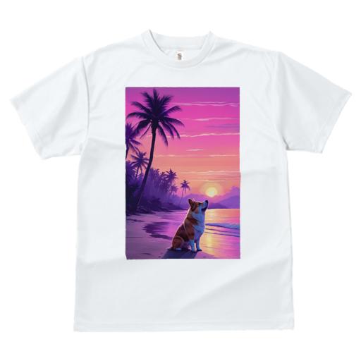 Tシャツ レディース 犬ファン 半袖 春夏 プリント カジュアル かわいい 人間用 フィットネス ビーチ コーギー 夕焼け ヤシの木 海