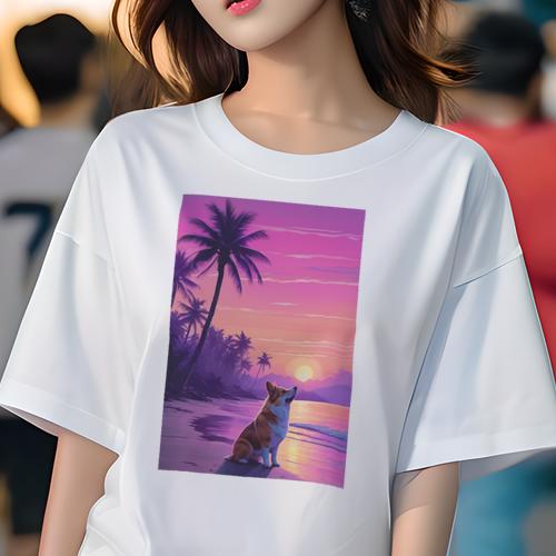 Tシャツ レディース 犬ファン 半袖 春夏 プリント カジュアル かわいい 人間用 フィットネス ビーチ コーギー 夕焼け ヤシの木 海