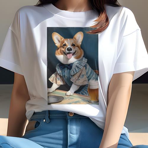 Tシャツ レディース 犬ファン 半袖 春夏 プリント カジュアル かわいい 人間用 フィットネス ビール コーギー 蝶ネクタイ シャツ テーブル